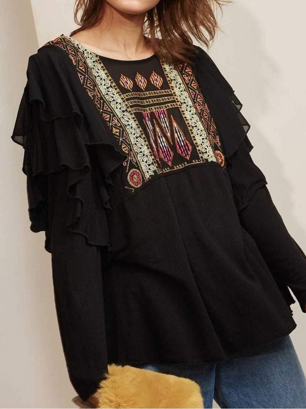 Free People La Cienga Embroidered Tunic in Black